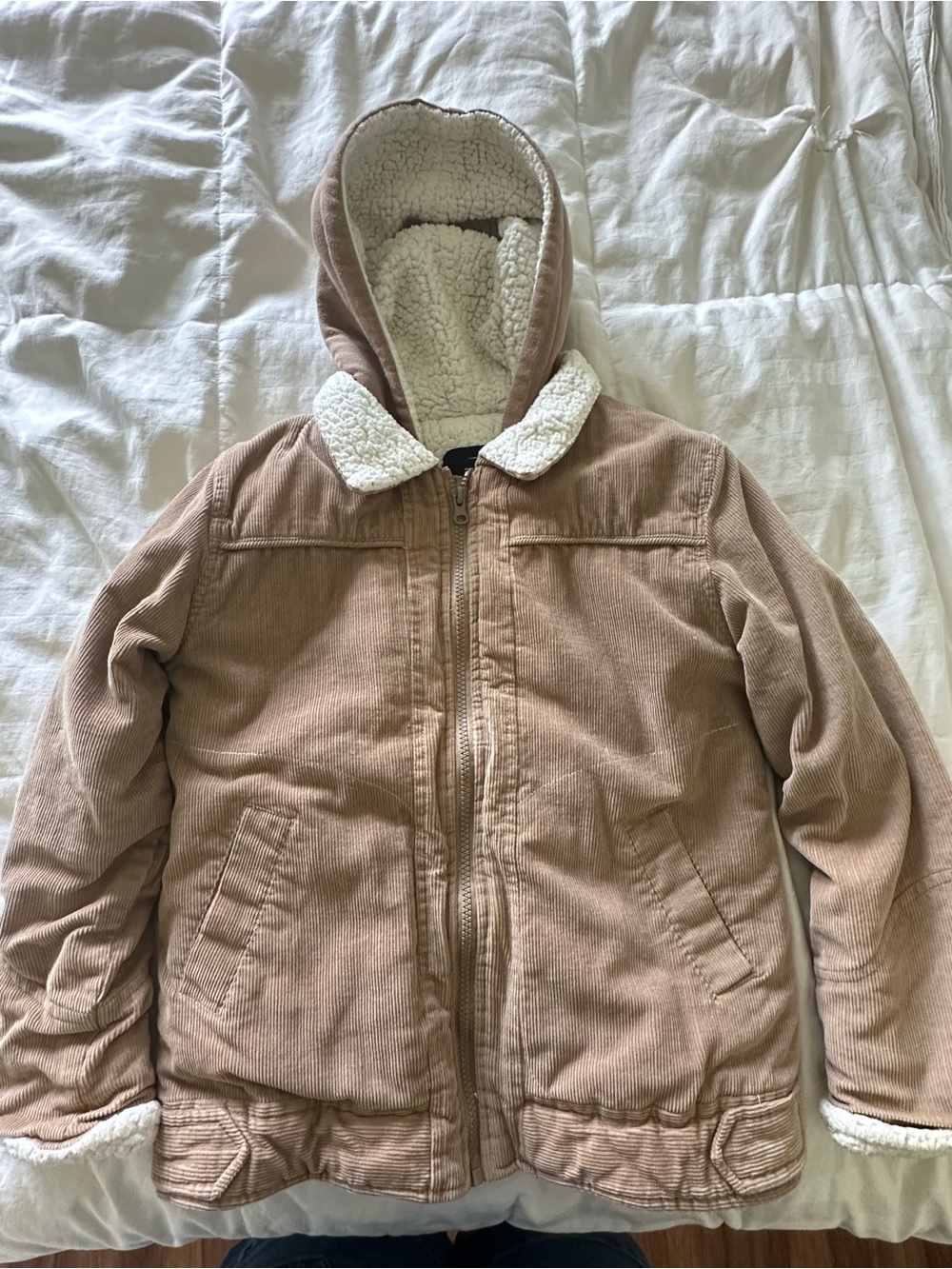 Kids Hooded Corduroy Puffer Jacket with Sherpa Lining - Tan